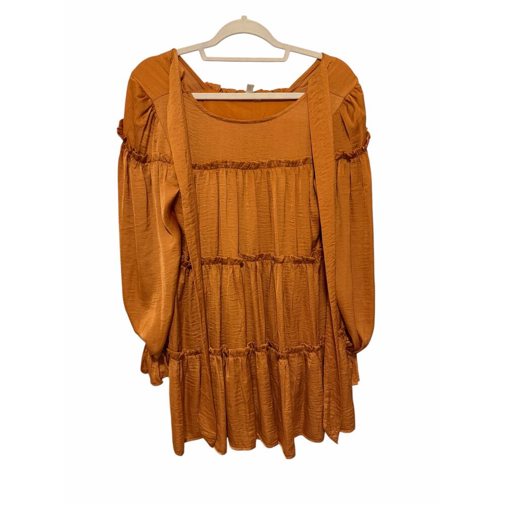 Glam Women’s Small Mustard Orange Long Sleeve Round Neck Ruffled Midi Dress - Picture 2 of 13